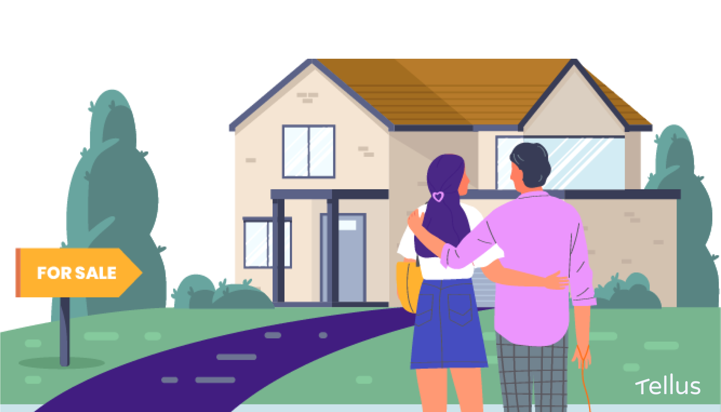 Illustration of couple standing outside house for sale
