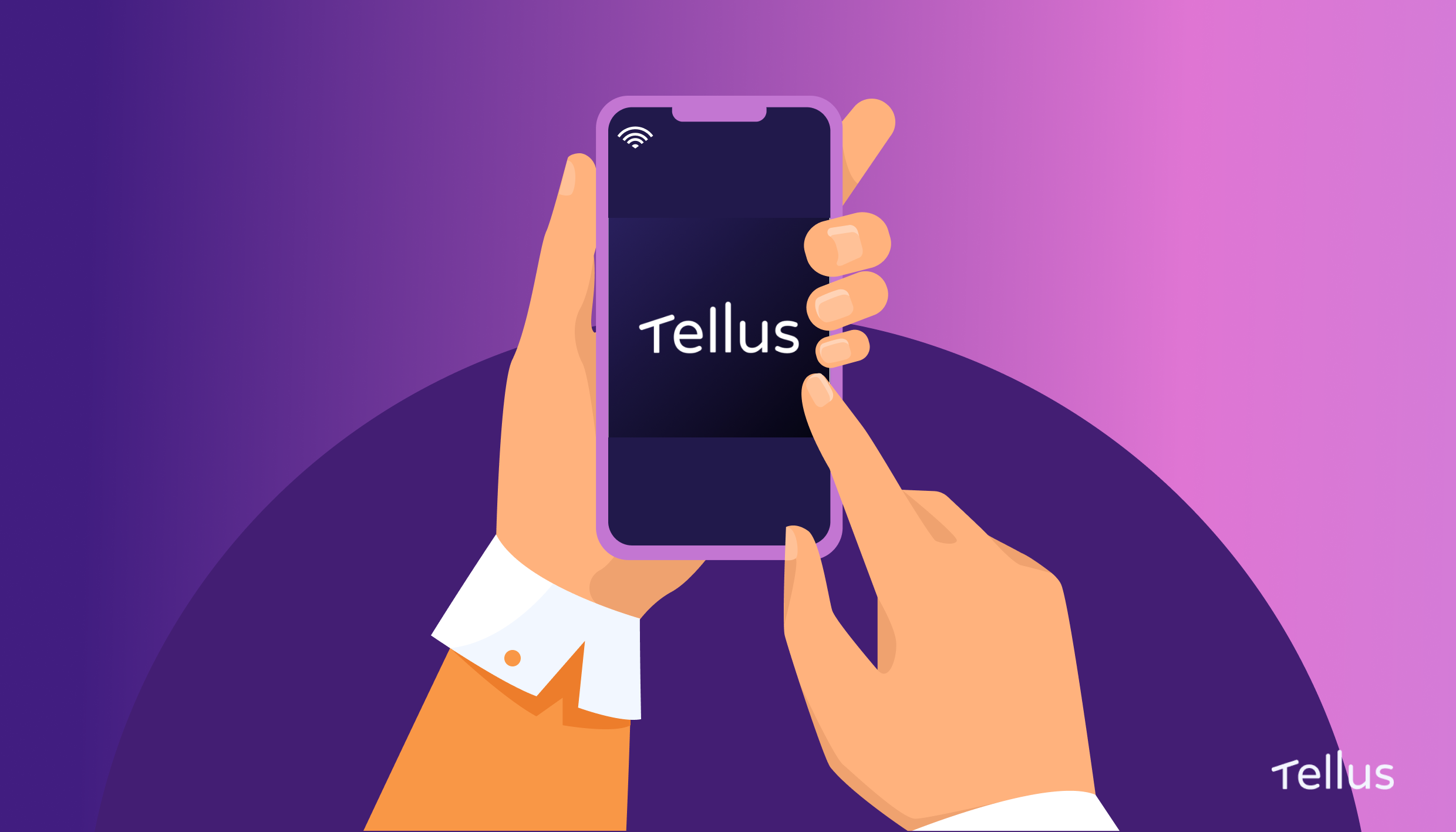 Illustration of mobile phone with Tellus logo on screen