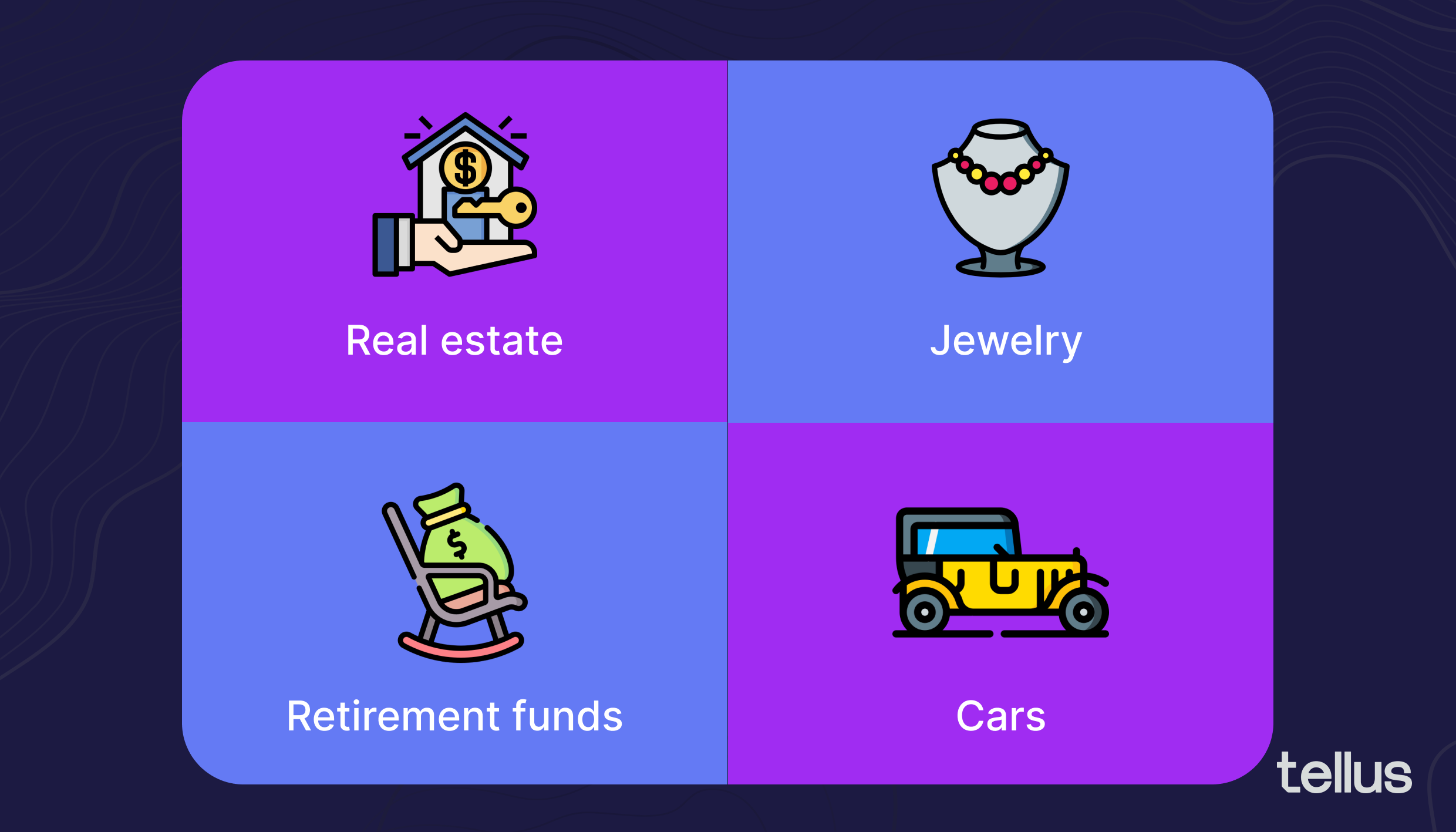 Illustrated icons representing different types of non-liquid assets
