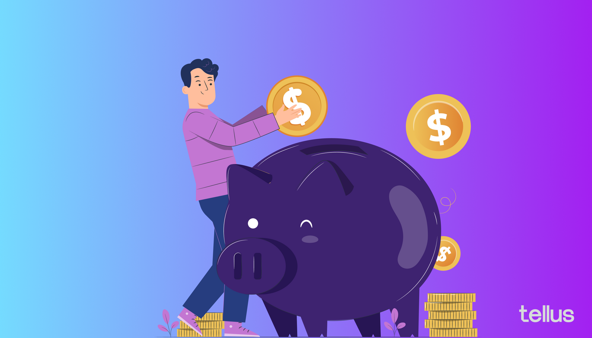 Illustration of man placing coin in piggy bank