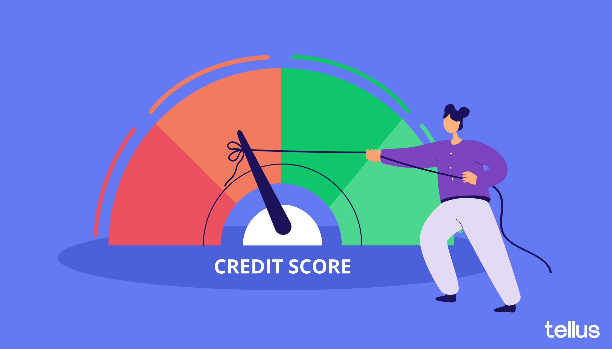 Illustration showing woman trying to pull credit score meter