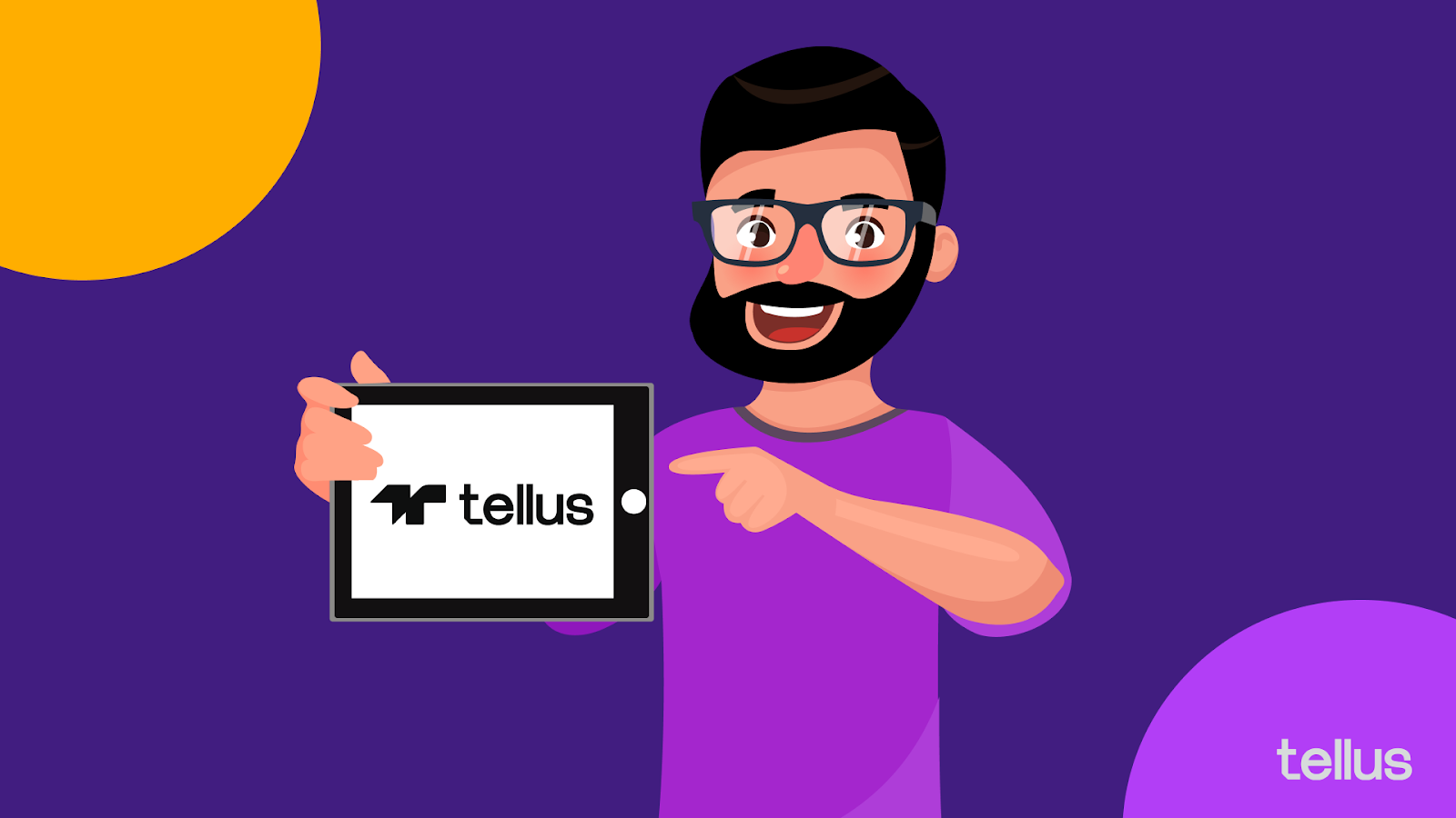 Illustration of man holding tablet with Tellus logo on-screen