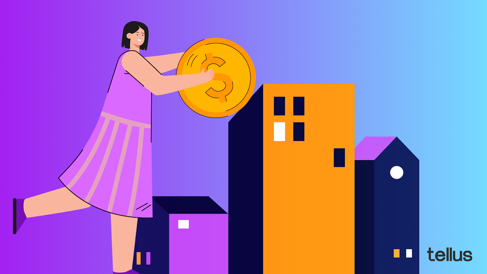 Illustration of woman placing coin into building