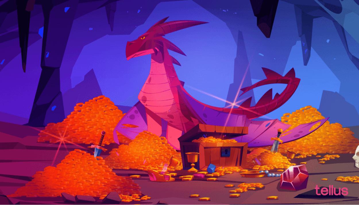 Illustration of a dragon with a hoard of treasure