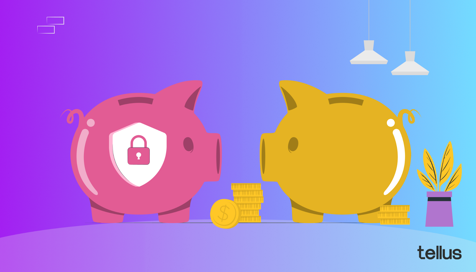 Illustration of two piggy banks: one with padlock on it and one without
