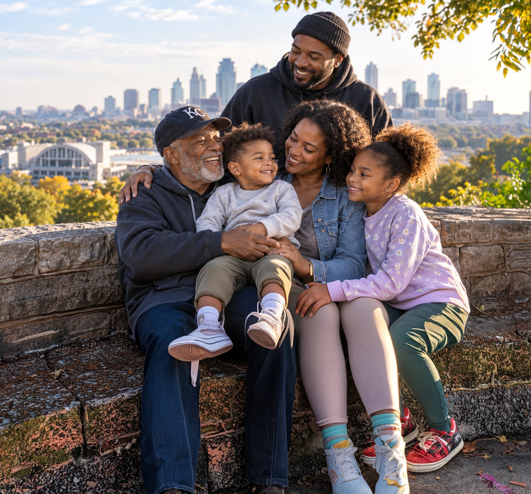 Three generations of a family laugh together on a hilltop overlooking the Kansas City skyline