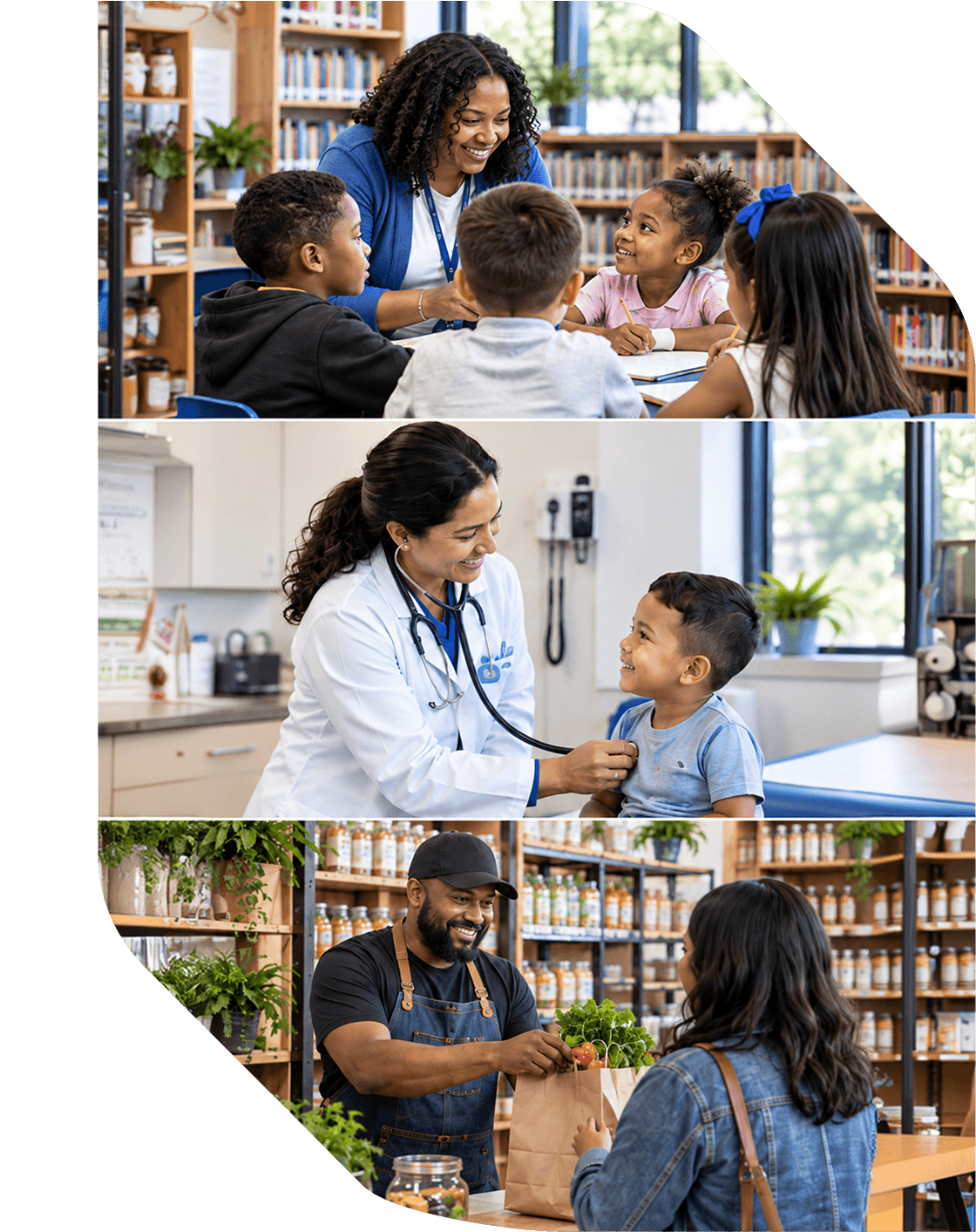 Three scenes from Kansas City: a teacher reading with children in a library, a doctor examining a smiling boy, and a grocer handing a bag of vegetables to a customer