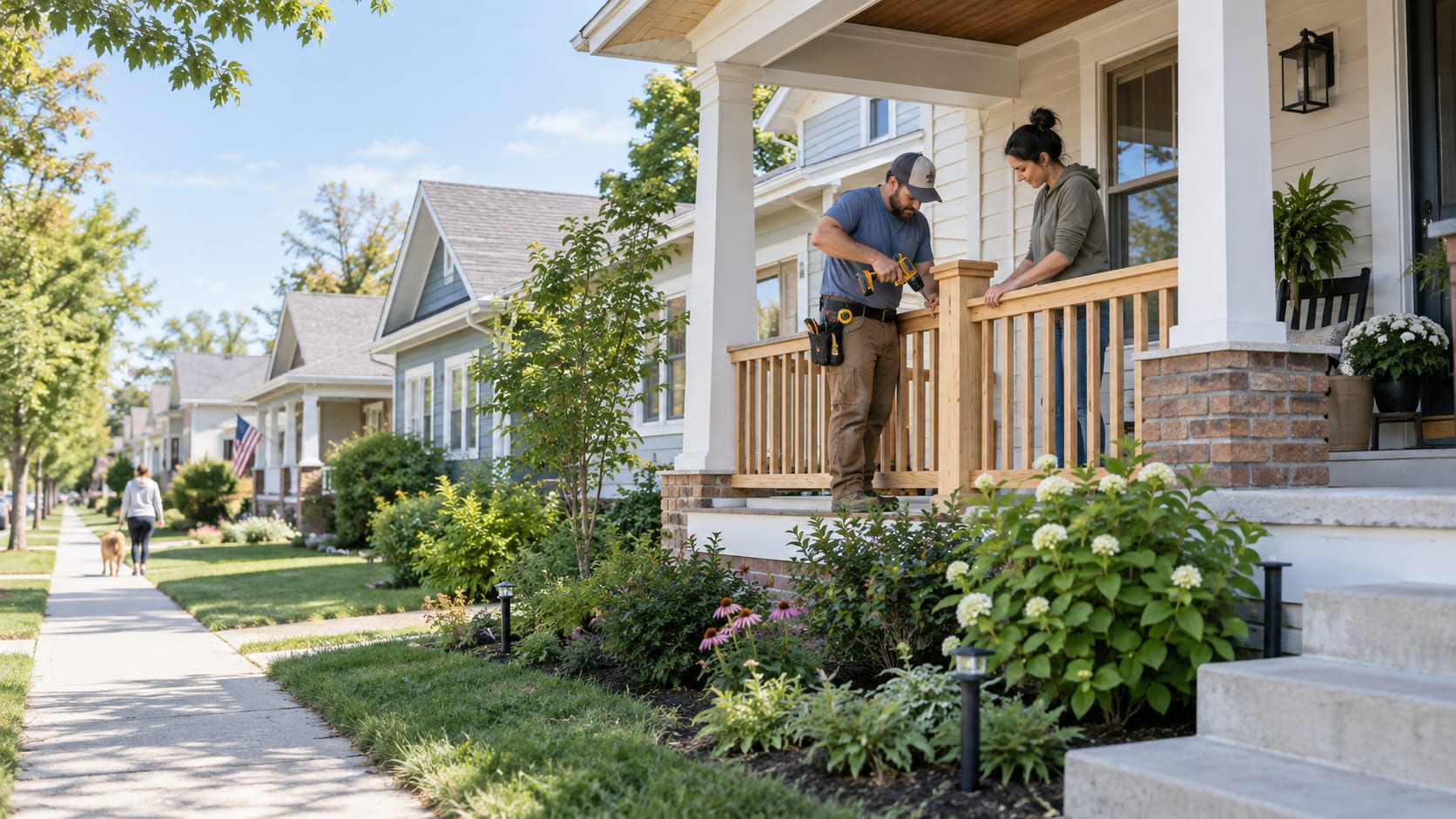 A carpenter and a homeowner fit a new wooden railing on the front porch of a house on a tree-lined street