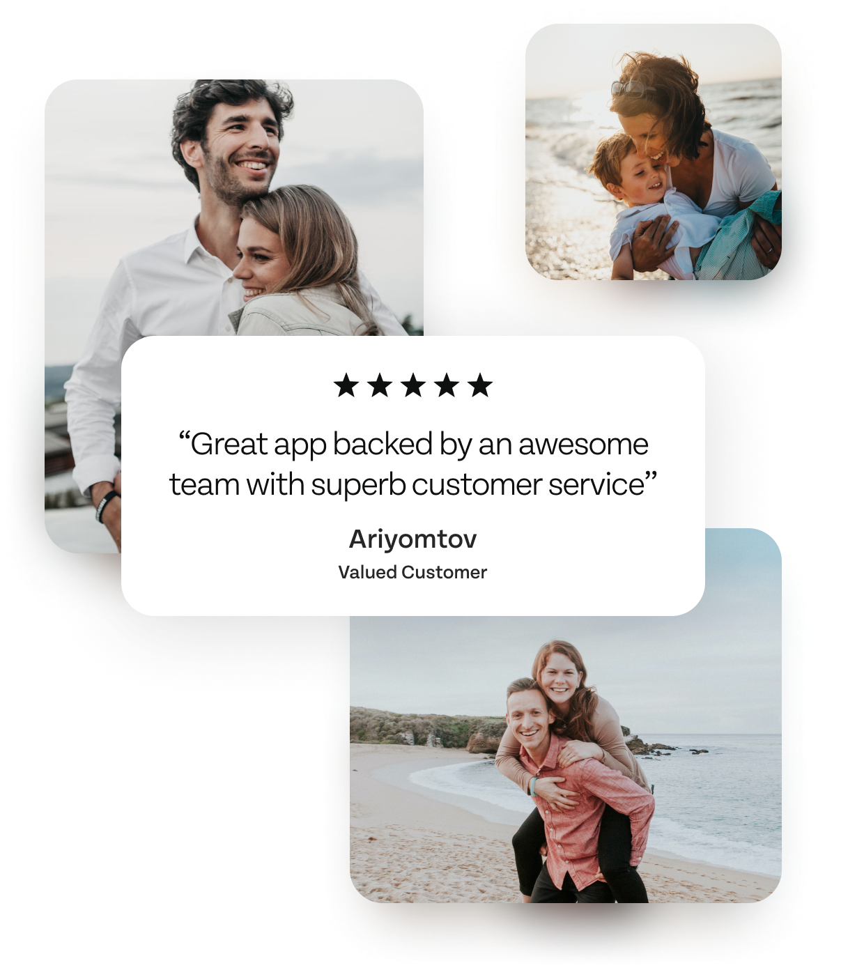 Background image with happy people and on the top a Quote from Ariyomtov that says "Great app backed by an awesome team with superb customer service"