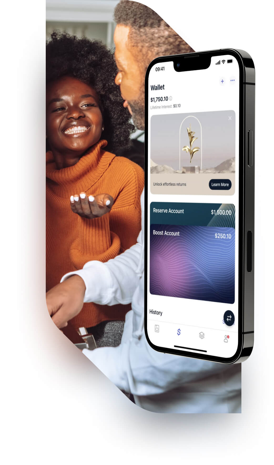 Image of a big mobile with Tellus App open and two people talking on the background of the mobile