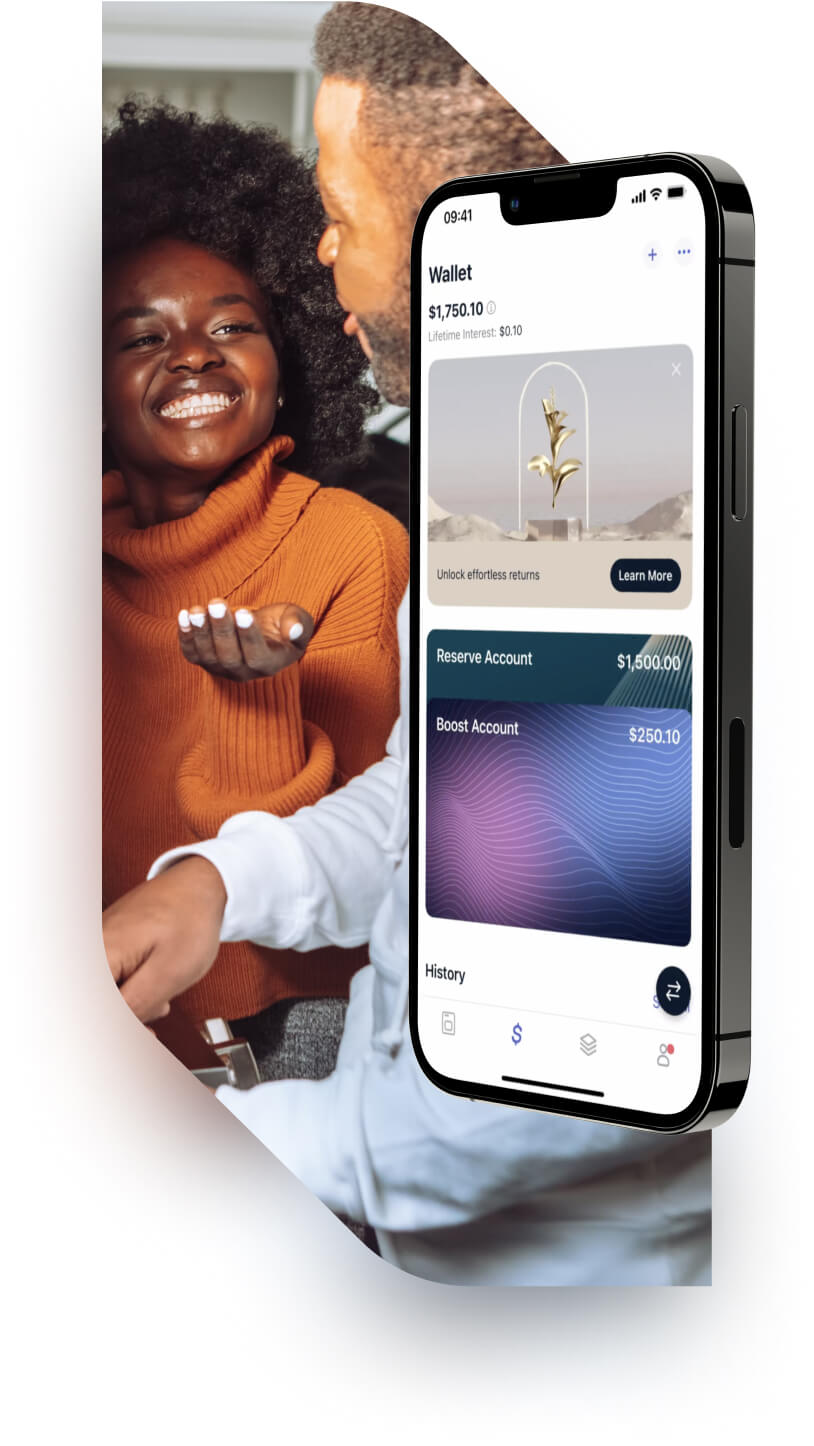 Image of a big mobile with Tellus App open and two people talking on the background of the mobile