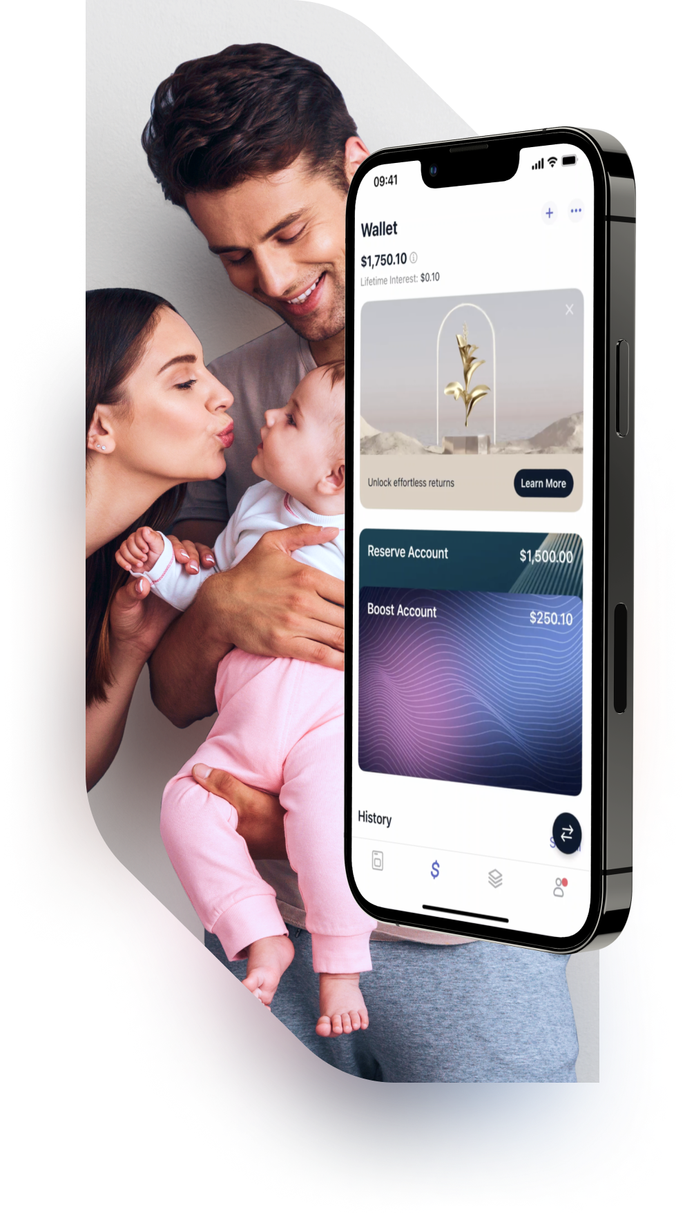 Image of a big mobile with Tellus App open and two people talking on the background of the mobile