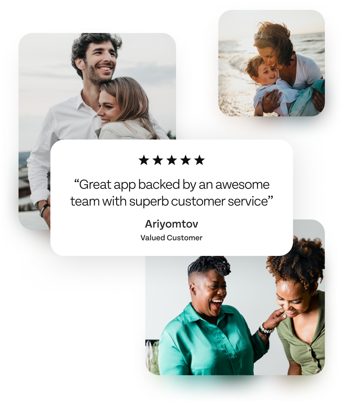 Background image with happy people and on the top a Quote from Ariyomtov that says "Great app backed by an awesome team with superb customer service"